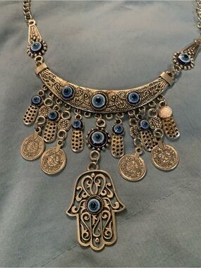 Silver Hamsa Coin Necklace with Blue Evil Eye Accents